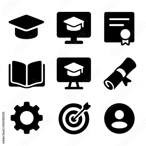 Educational Icons Grid. Solid, filled icons set of educational advancement: graduation cap, online course,