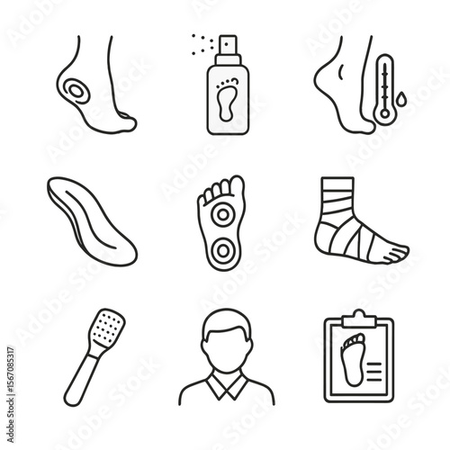 Foot Care Icon Set. Outline icon set of foot medical care: blister pad, antifungal spray, foot thermometer, podiatrist silhouette,