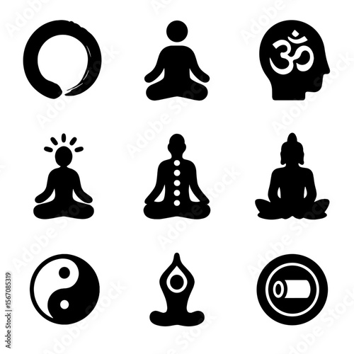 Meditation Philosophies Icons. Solid, filled icon set of meditation philosophies: zen, vipassana, transcendental, mindfulness,
