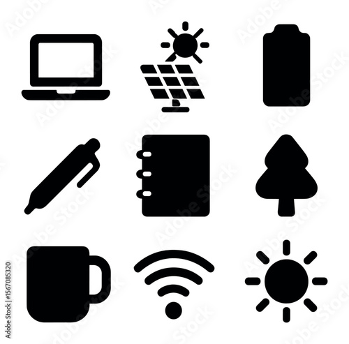 Outdoor Productivity Icons. Solid, filled icons set of outdoor productivity tools: laptop, solar charger,