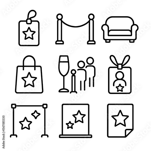 VIP Icon Set. Outline icon set of VIP experience: VIP pass, velvet rope, lounge sofa, champagne flute, gift bag, priority queue,