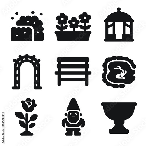 Garden Icon Set. Solid, filled icon set of landscaped gardens: trimmed hedge, flower bed, gazebo, arbor walkway, garden bench, koi
