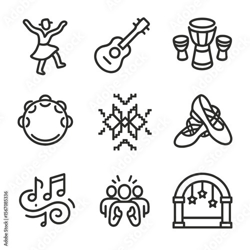 Folk Dance Icon Set. Outline icon set of folk dance and music celebrations: folk dancer silhouette, acoustic instrument, drum
