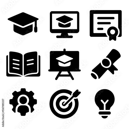 Educational Icons Grid. Solid, filled icons set of educational advancement: graduation cap, online course,