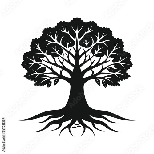 Stylized black tree with roots and leaves silhouette