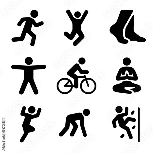Human Movement Icons. Solid, filled icon set of human movement: running figure, jumping silhouette, walking feet, stretching arms,