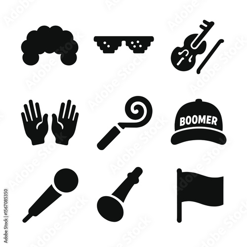 Meme Icon Set. Solid, filled icon set of reaction meme props: clown wig, pixel sunglasses, deal with it text, sad violin, shocked
