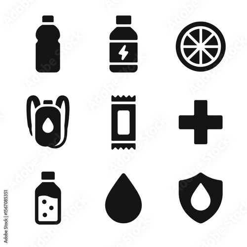 Hydration Essentials Icons. Solid, filled icon set of hydration and sweat recovery: water bottle, electrolyte drink, fruit slice,