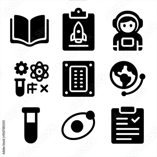 Educational Space Experiments. Solid, filled icons set of educational space experiments: floating book,