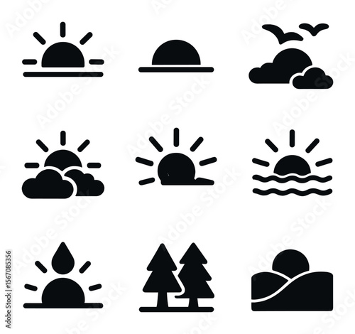 Sunrise Icons Set. Solid, filled icons set of sunrise scenes: rising sun, horizon line, birds, early clouds,