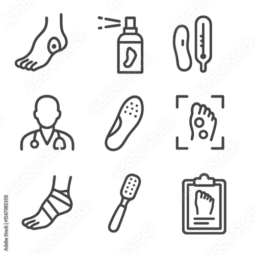 Foot Care Icon Set. Outline icon set of foot medical care: blister pad, antifungal spray, foot thermometer, podiatrist silhouette,