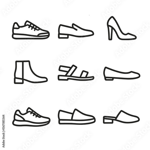 Footwear Icon Grid. Outline icon set of footwear must-haves: sneakers, loafers, heels, ankle boots, sandals, flats, running shoes,