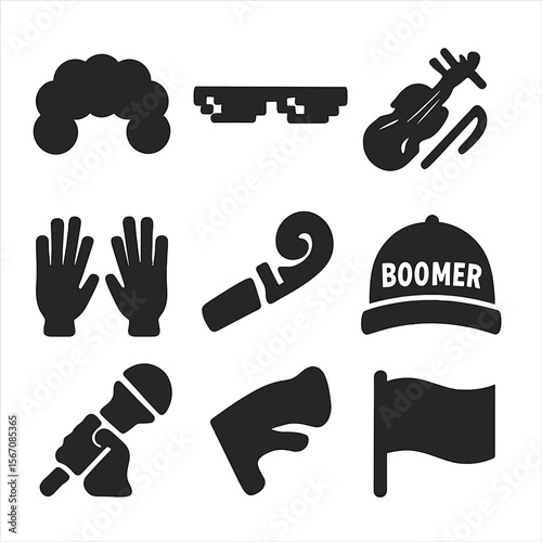 Meme Icon Set. Solid, filled icon set of reaction meme props: clown wig, pixel sunglasses, deal with it text, sad violin, shocked