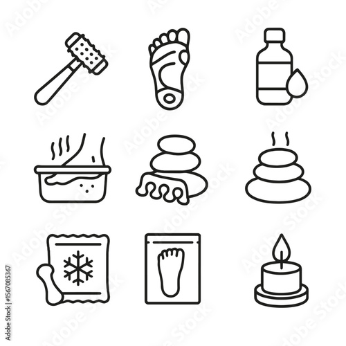 Foot Relaxation Icons. Outline icon set of foot relaxation and massage: massage roller, reflexology chart, essential oil bottle,