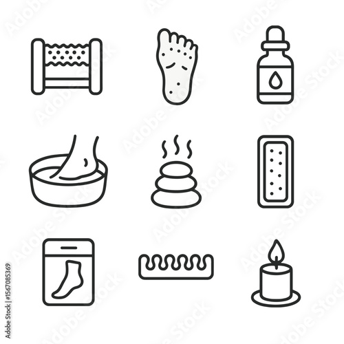 Foot Relaxation Icons. Outline icon set of foot relaxation and massage: massage roller, reflexology chart, essential oil bottle,