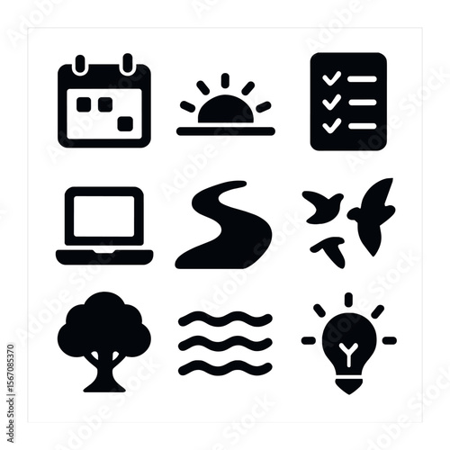 Nature Routines Icons. Solid, filled icons set of nature-based routines: calendar, sunrise, checklist, laptop,