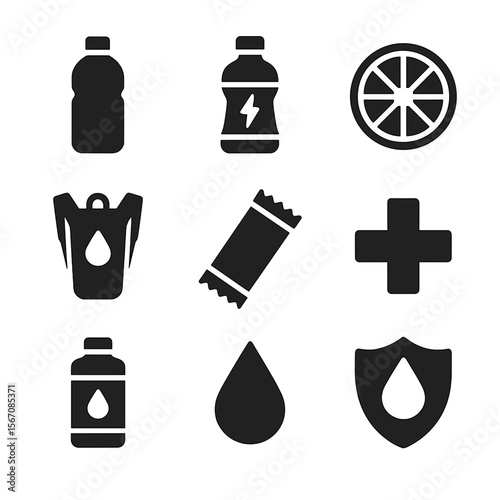 Hydration Essentials Icons. Solid, filled icon set of hydration and sweat recovery: water bottle, electrolyte drink, fruit slice,