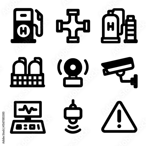 Hydrogen Infrastructure Icons. Solid, filled icon set of hydrogen infrastructure: refueling pump, pipeline junction, compressor