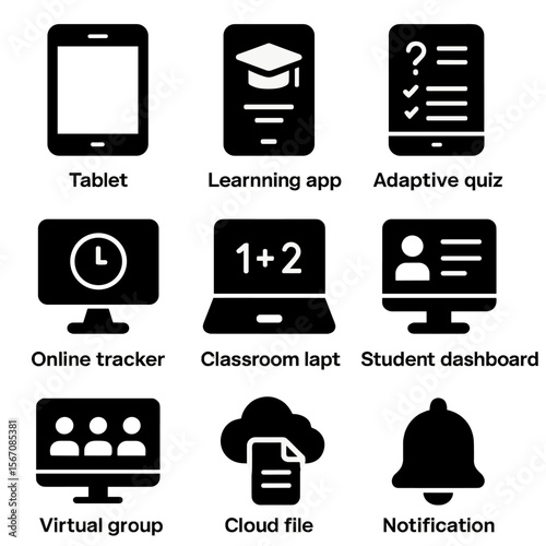 Educational Technology Icons. Solid, filled icons set of technology in differentiated learning: tablet icon,