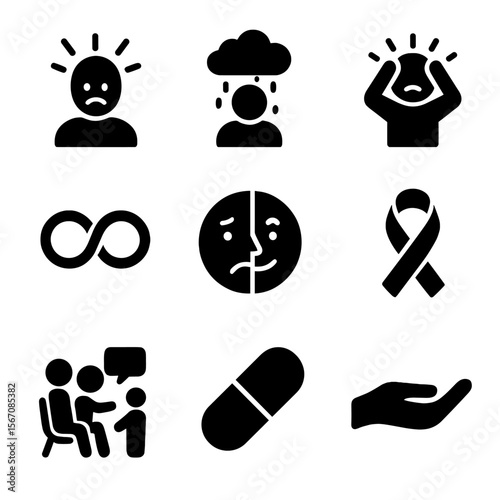 Mental Health Icons. Solid, filled icon set of mental disorders: anxiety symbol, depression cloud, panic attack, OCD loops,