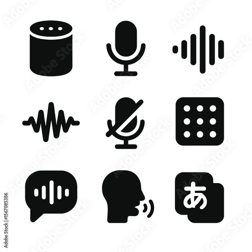 Voice Interface Icons. Solid, Filled icon set of voice control interfaces: smart speaker, microphone button, soundwave icon,