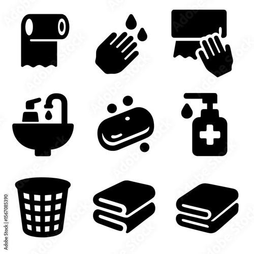 Hygiene Icon Grid. Solid, filled icon set of Paper Towel in hygiene: paper towel, hand washing, drying hands, dispenser, sink,