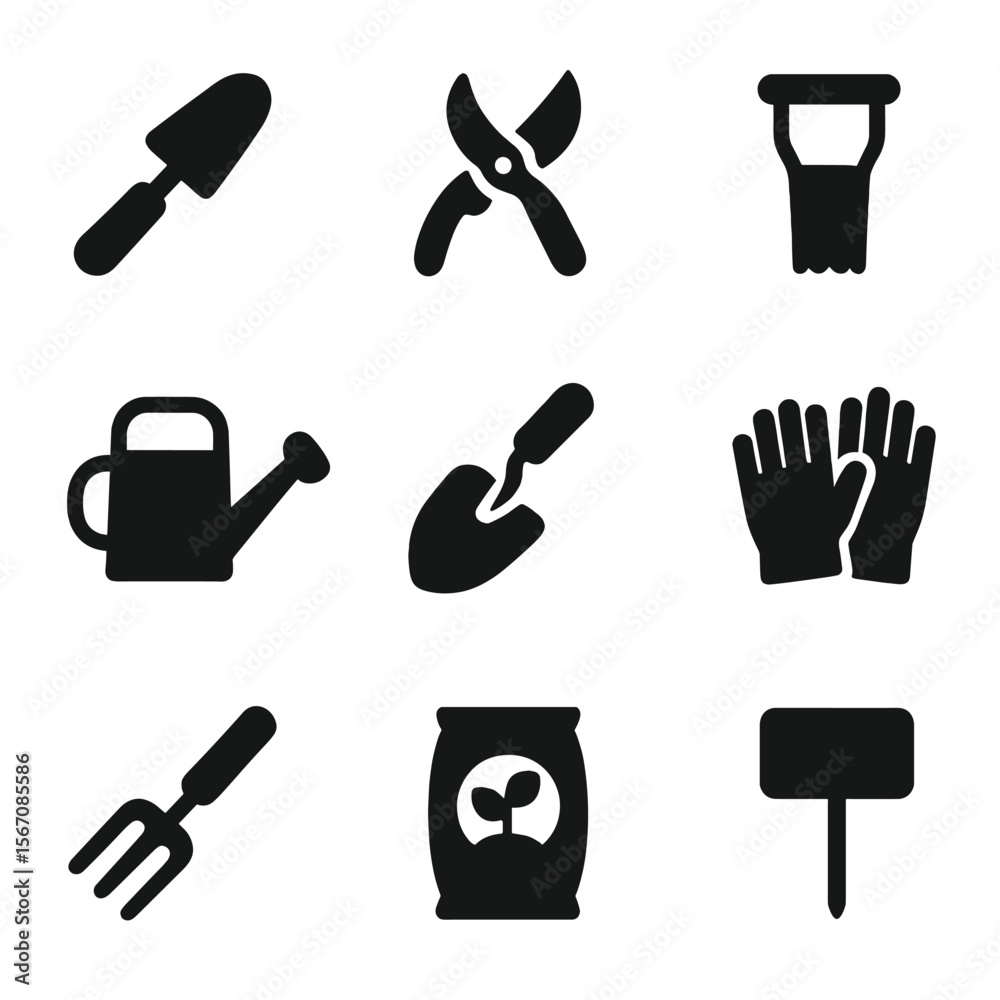 Fototapeta premium Gardening Tools Icons. Solid, filled icon set of gladiolus garden tools: trowel, pruning shears, bulb planter, watering can, soil