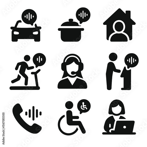 Voice UI Icon Grid. Solid, Filled icon set of voice UI contexts: in-car navigation, kitchen cooking, home automation, fitness