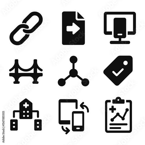 EHR Icons Set. Solid, filled icons set of EHR interoperability features: system link, file transfer,