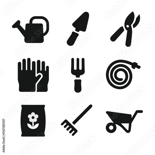 Garden Tools Icons. Solid, filled icon set of flower gardening tools: watering can, trowel, pruning shears, gloves, garden fork,