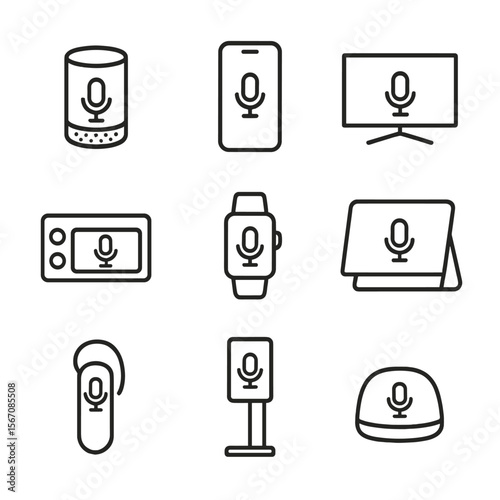 Voice UI Device Icons. Outline icon set of voice UI devices: smart speaker, smartphone, smart TV, car infotainment, smartwatch,