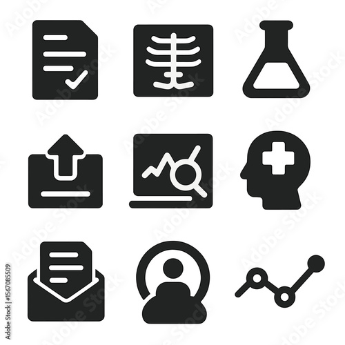 EHR Lab Icon Grid. Solid, filled icons set of lab and imaging results in EHR: test result sheet, X-ray image