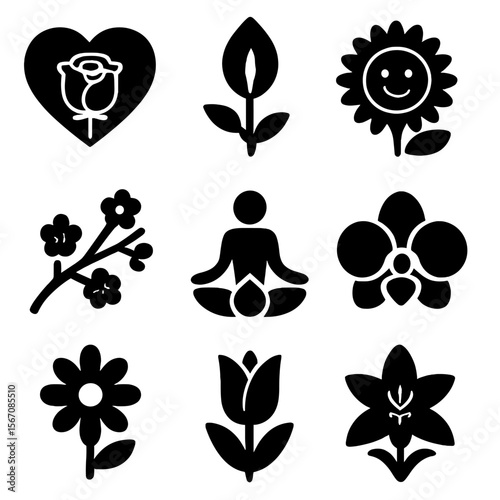 Iconic Flower Symbols. Solid, filled icon set of symbolic flowers: rose heart, peace lily, sunflower smile, cherry blossom branch,