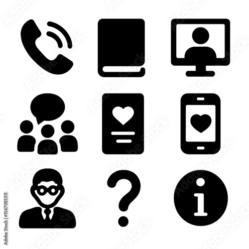 Mental Health Icons. Solid, filled icon set of mental health resources in education: phone helpline, book, computer, support group