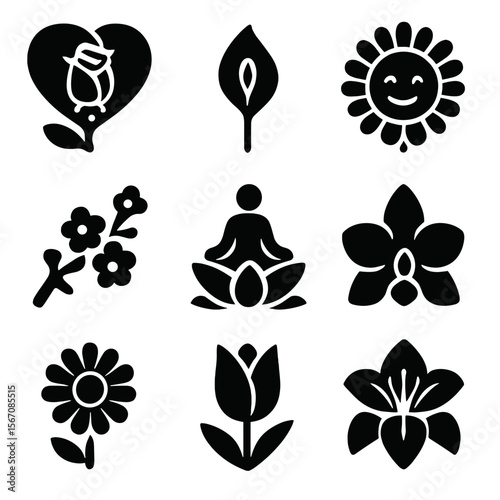 Iconic Flower Symbols. Solid, filled icon set of symbolic flowers: rose heart, peace lily, sunflower smile, cherry blossom branch,
