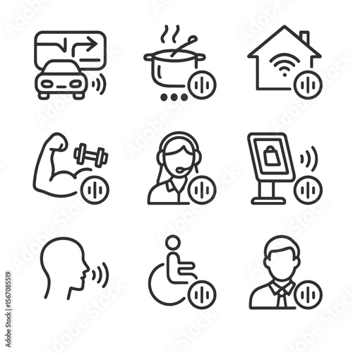 Voice UI Icon Set. Outline icon set of voice UI contexts: in-car navigation, kitchen cooking, home automation, fitness coaching,
