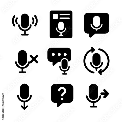Voice UI Icon Set. Solid, Filled icon set of voice UI design patterns: wake word, slot-filling form, guided dialogue, error