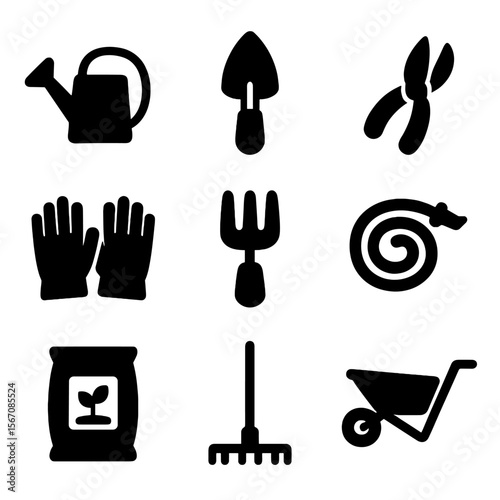 Garden Tools Icons. Solid, filled icon set of flower gardening tools: watering can, trowel, pruning shears, gloves, garden fork,