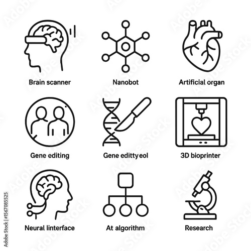 Future Tech Icons. Outline icon set of future revival technologies: brain scanner, nanobot, artificial organ, cloning symbol, gene