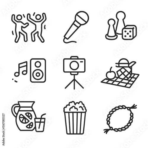 Fun Activity Icons. Outline icon set of fun group activities: dancing figures, karaoke microphone, board game pieces, music note