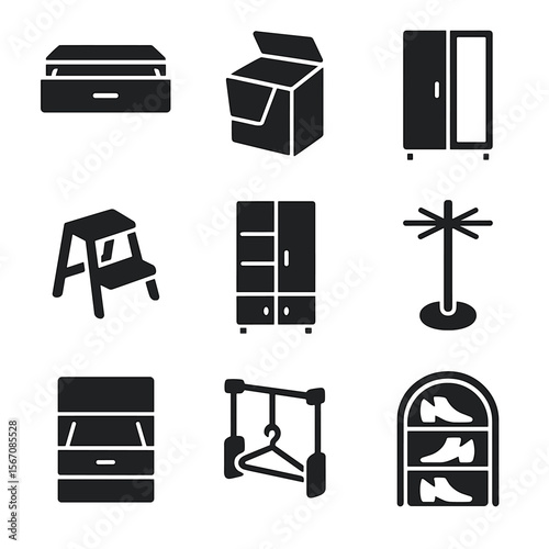 Iconic Closet Essentials. Solid, filled icon set of multifunctional closet furniture: pull-out drawer, hidden hamper, mirror door,
