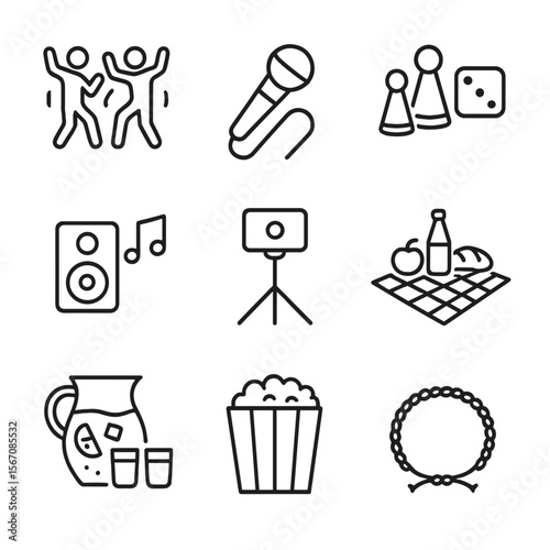 Fun Activity Icons. Outline icon set of fun group activities: dancing figures, karaoke microphone, board game pieces, music note