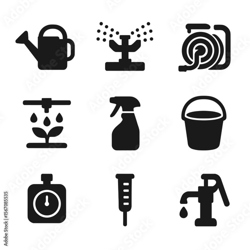 Garden Watering Tools. Solid, filled icon set of garden watering tools: watering can, sprinkler, hose reel, drip irrigation, spray