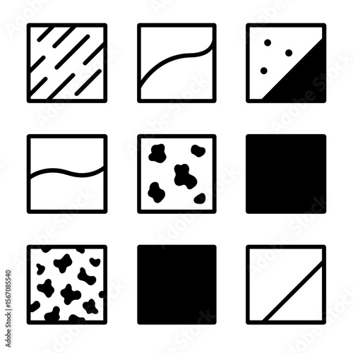 Metal Cladding Icons. Solid, filled icon set of metal cladding finishes: brushed metal, polished chrome, anodized aluminum,