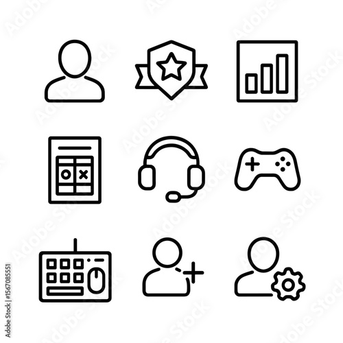 Gamer Icon Set. Outline icon set of player engagement and profiles: gamer avatar silhouette, rank badge, stats chart, win-loss
