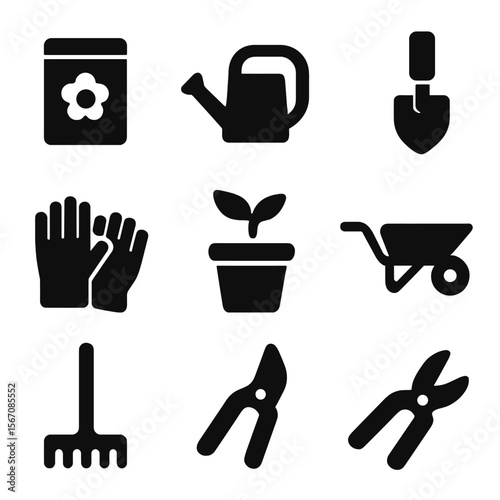 Gardening Icon Set. Solid, filled icon set of May gardening activities: seed packet, watering can, spade, gardening gloves, flower