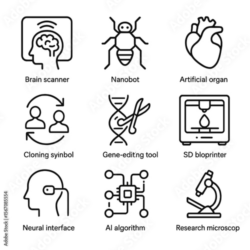 Future Tech Icons. Outline icon set of future revival technologies: brain scanner, nanobot, artificial organ, cloning symbol, gene
