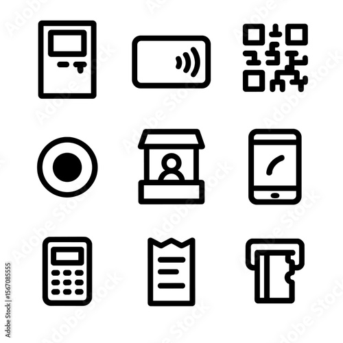 Metro Ticket Icons. Solid, filled icon set of Metro ticketing and payments: ticket vending machine, contactless card, QR code,