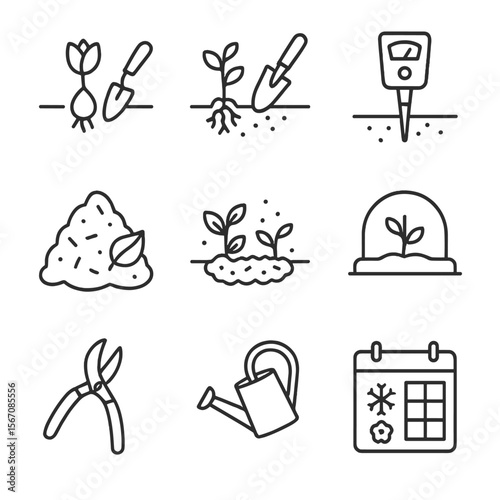 Garden Care Icon Set. Outline icon set of flowerbed planting and seasonal care: bulb planting, seedling transplant, soil testing