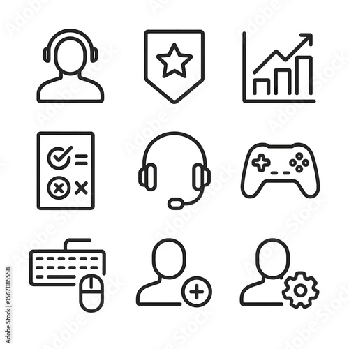 Gamer Icon Set. Outline icon set of player engagement and profiles: gamer avatar silhouette, rank badge, stats chart, win-loss
